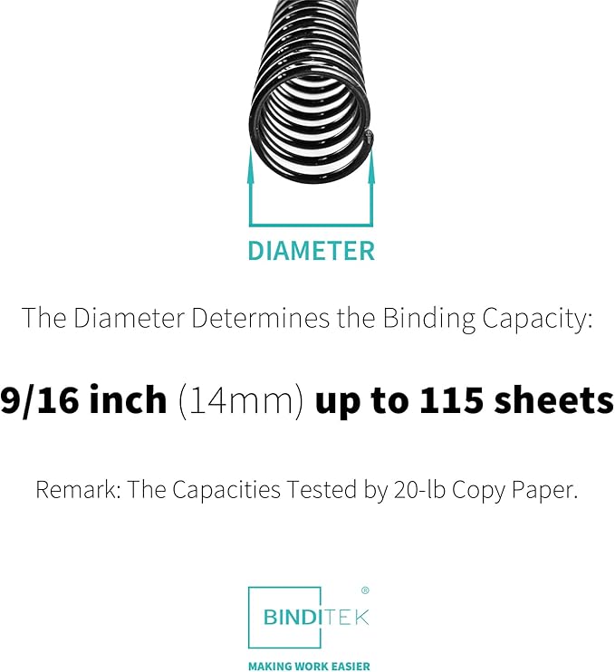 Binditek 50 Pack Plastic Spiral Binding Coils, 14mm(9/16"), 115 Sheet Capacity, 4:1 Pitch, Black, 48 Loops, for Letter Size, for Students and Coworkers
