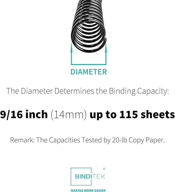 Binditek 50 Pack Plastic Spiral Binding Coils, 14mm(9/16"), 115 Sheet Capacity, 4:1 Pitch, Black, 48 Loops, for Letter Size, for Students and Coworkers