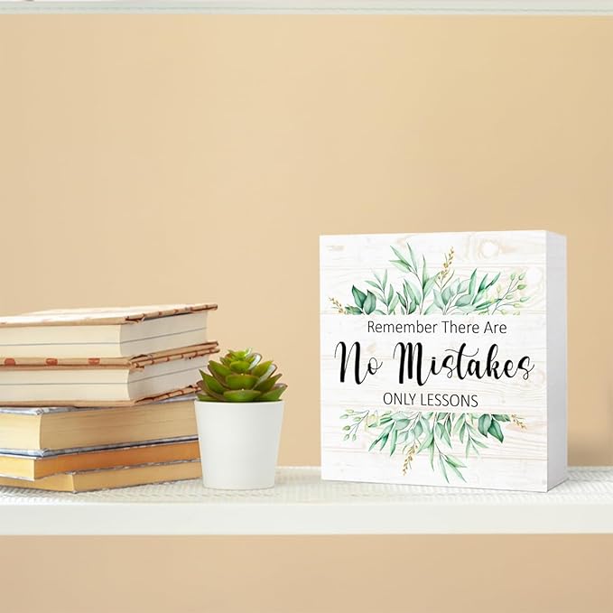 There Are No Mistakes Sign Wood Box,Funny Inspirational Quote Wooden Block Sign for Home Office Tabletop Shelf Decor 5" x 5",Motivational Desk Decor Accessories for Women