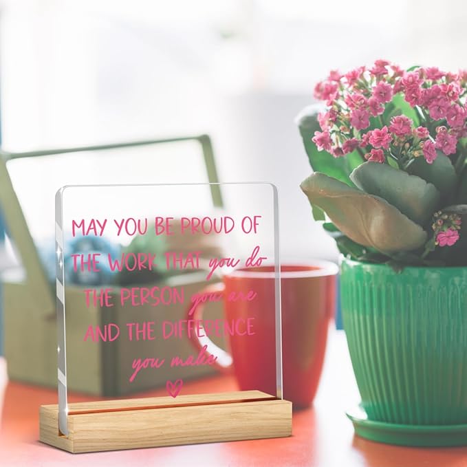 Preppy Coquette Office Gifts for Women, Pink Inspirational Positive Affirmation Motivational Thank You Appreciation Sign Acrylic Sign Plaque Table Decorations for Home Office Retirement