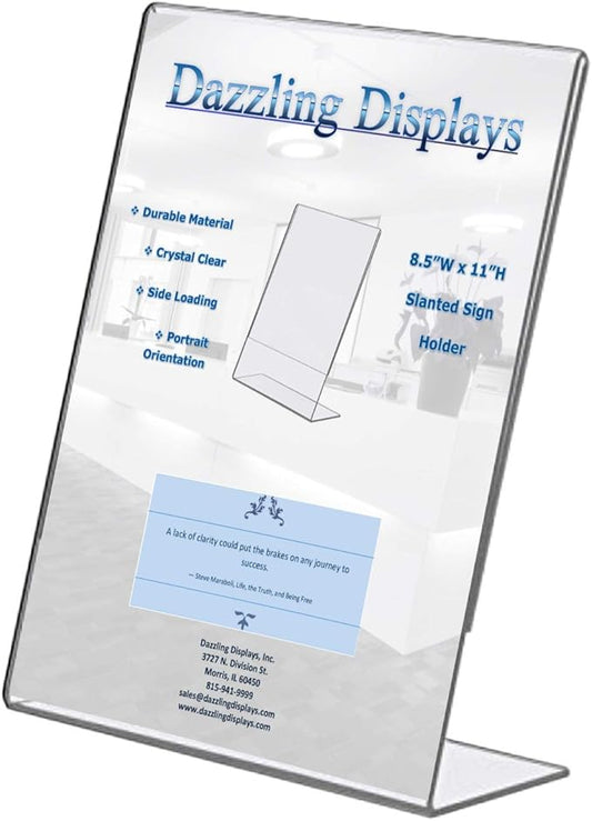 Dazzling Displays Clear Acrylic Slanted Sign Holder 8.5 x 11 - Clear Slanted Picture Frame Holder for Office, Retail, Tradeshow and Home Use (3-Pack)