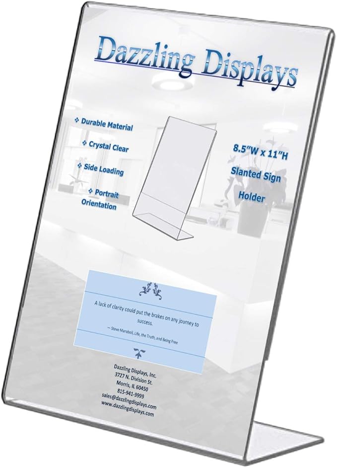 Dazzling Displays Clear Acrylic Slanted Sign Holder 8.5 x 11 Slanted Picture Frame - Premium Acrylic Sign Holder for Office, Retail, Tradeshow 6-Pack