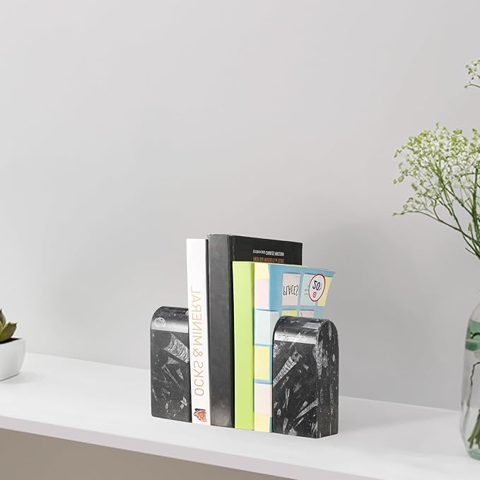 Koville Moroccan Natural Marble Bookends for Shelves, Decorative Book Ends, 7lbs Heavy-Duty Marble Book Holders, Bookshelf Apartment Decor for Normal Books/CD/Video Games(Black Fossil)