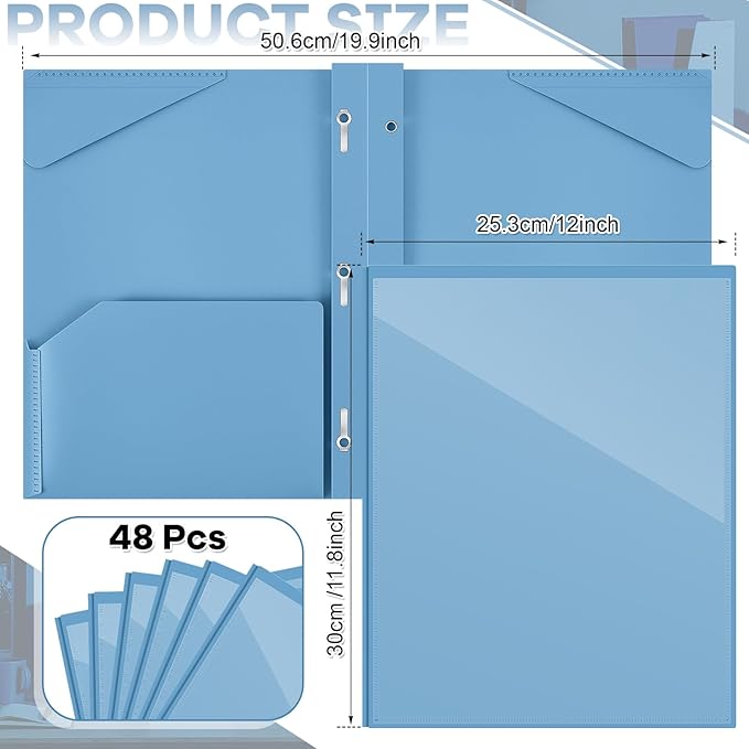Henoyso 48 Pcs Plastic Folder with Clear Front Pocket and 3 Prongs Heavy Duty Plastic Folders with Card Slot Pocket Folders with Prongs for School Office Home(Blue Haze)
