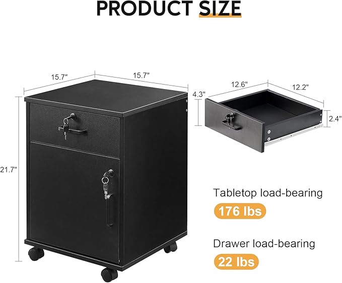 CLIPOP Rolling Storage Cabinet with Drawer, Home Office Cabinet with Lock, Under Desk Storage Cabinet for Home Office, Black