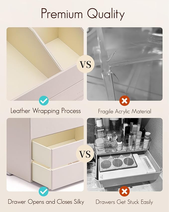 Vlando Makeup Organizer,Skincare Organizer for Vanity，PU Leather Make up Organizer with Drawers Cosmetic Display Case for Countertop,Perfume,Gifts Ideas for Women (Apricot White)
