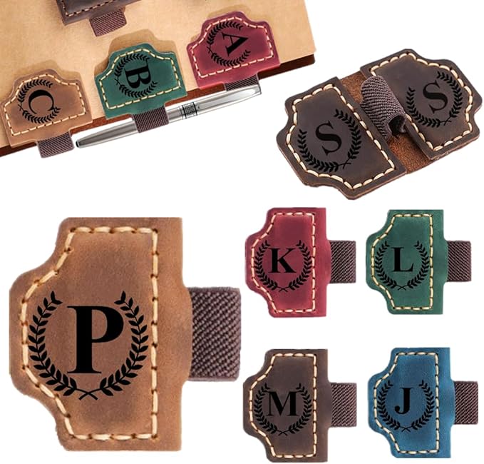 Custom Bookmark with Pen Holder with 26 Letters Personalized Magnetic Leather Book Mark, Customized Name Book Marker Clip with Initial for Men Women, Gifts for Book Lovers, Readers, (Brown, P)