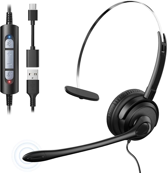 USB Headset with Microphone, Wired Computer Headset for Laptop/PC with Noise Cancelling Mic, Mono Headphones with in-Line Volume Control for Work, Office, Teams, Zoom, Skype, Online Class