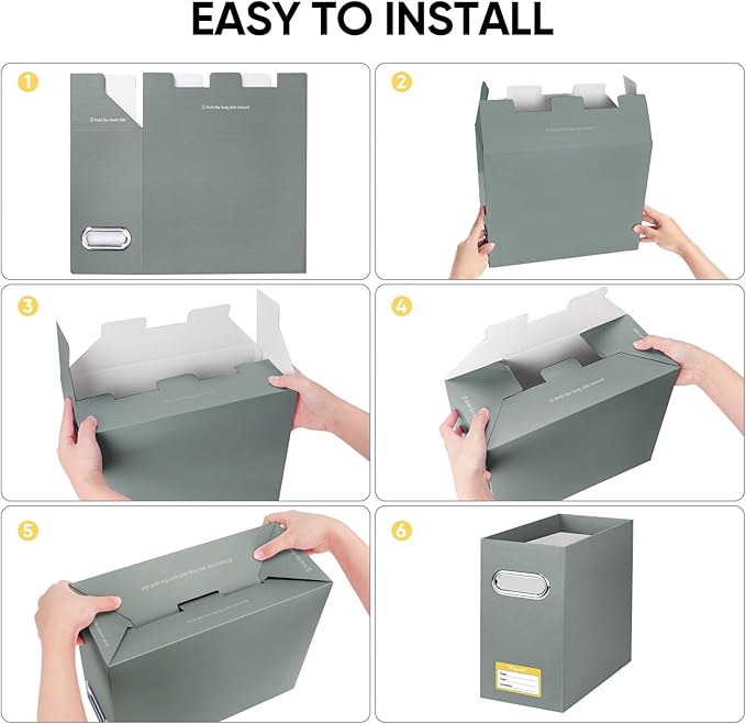 BALEINE File Organizer Box, Cardboard File Folder Organizer with Handle for Letter Size, Portable Collapsible Hanging Filing Box for Home Office Document Storage (4 Pack, Grey)