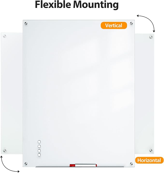 VUSIGN Magnetic Glass Dry Erase Whiteboard, 36" x 24" Frameless Glass Board for Wall Mounted, Durable Whiteboard Includes 4 Magnets, 2 Markers, and 1 Eraser for Classroom, Home, Office Supplies