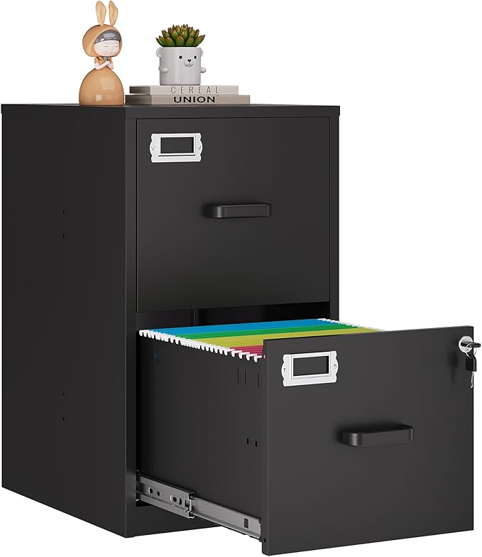 2 Drawer File Cabinet with Lock,Black Metal Vertical File Cabinets for Letter Size, Filing Cabinets for Home Office, Under Desk File Cabinet, Easy Assemble