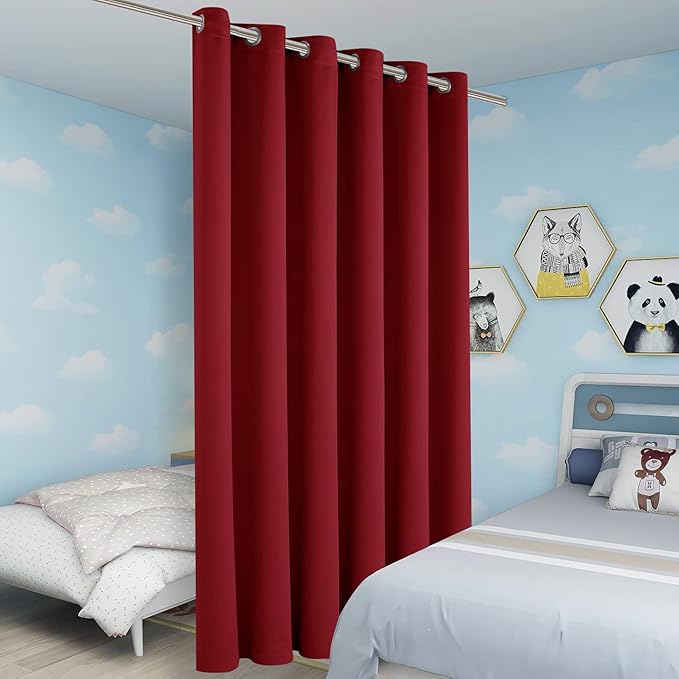 BONZER Wide Room Divider Blackout Curtain Total Privacy Wall Room Darkening Grommet Curtains for Shared Room, 96L x 70W Inch (8L x 5.8W ft), 1 Panel, Red