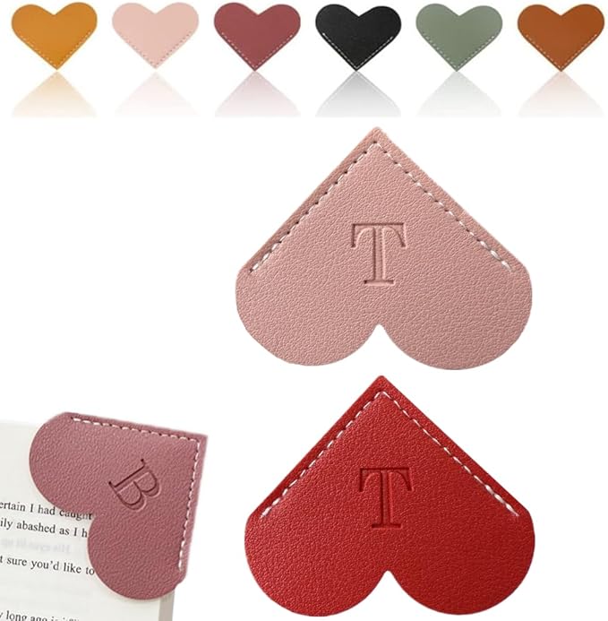 Personalized Leather Heart Bookmark, 26 Letters Customized Corner Book Mark for Reading Women, Book Marker with Initials，Cute Gifts (Red+Light Pink, T)