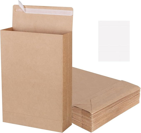25 Pack 9.4" x 13.2" Large Kraft Expandable Catalog Envelopes, Self Seal Manilla Envelopes Mailing for Documents, Magazines, Photos (Extra labels for Use)
