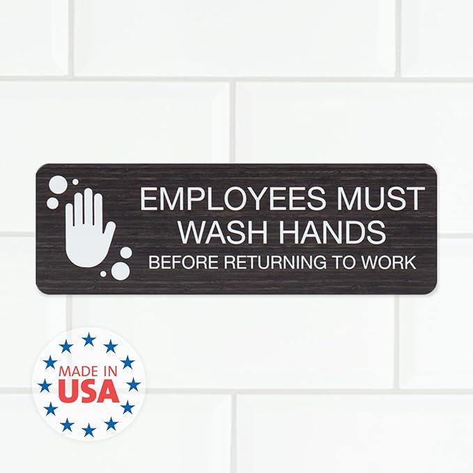 SBLABELS Employees Must Wash Hands Indoor Easy Adhesive Mount Door and Wall Sign for Restaurants and Small Businesses 3" x 9" - Dark Wood