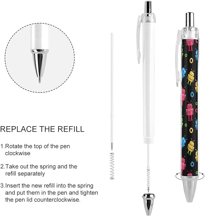 Cute Ballpoint Pens for Men Women, Colorful Robot Pattern Black Writing Pens Retractable Refillable Ink Pen for Home Office Stationary, 0.5mm, 2 Pcs