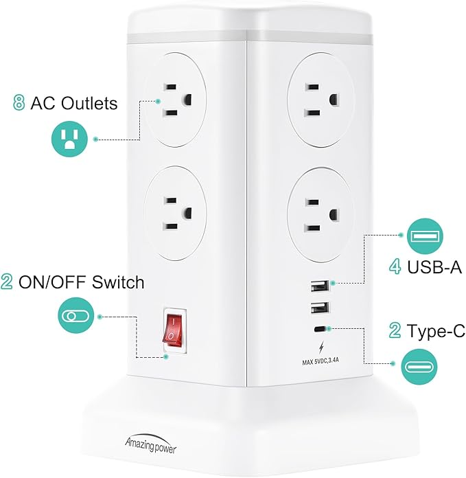 6.5Ft Surge Protector Power Strip Tower - 8 AC Outlets & 6 USB Ports Multi-Device Charging Station with Overload Protection, for Home/Office/Dorm