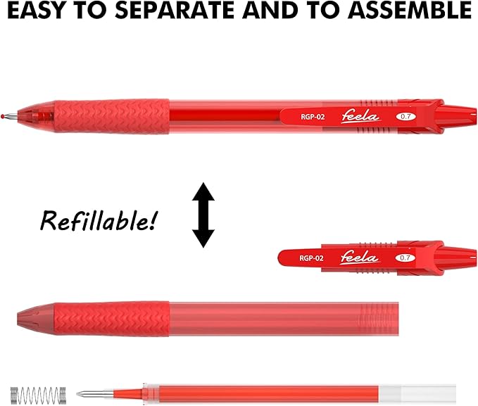 feela 30 Pack Retractable Red Ink Gel Pens Set Medium Point 15 Piece Fine Point Gel Pen with 15 Refills for Smooth Writing