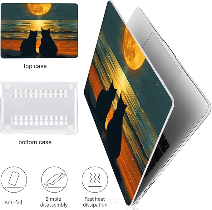 Compatible with MacBook Air 13.6 inch Case 2025 2024 2023 2022 Release M4 A3240 M3 A3113 M2 A2681 with Touch ID, Pattern Plastic Hard Shell Cover for MacBook Air 13.6 M4, Cat Watching Moon