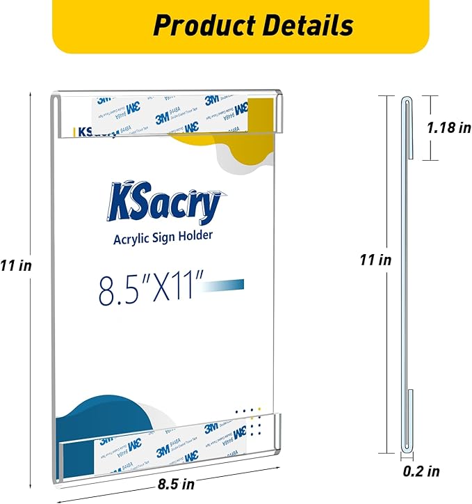 6 Pcs Acrylic Sign Holder 8.5 x 11, Vertical Wall Mount Sign Holders with 3M Adhesive, Clear Plastic Frames Paper Display Sign Holders for Office, Home, Store, Restaurant - No Drilling