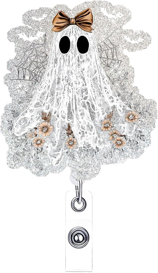 Ghost Badge Reel Retractable Badge Clips Holder with Alligator Clip Glitter Cute Halloween Spooky Badge Holders Spider Web Designs for Nurses Doctors RN EN Paramedic Medical Office