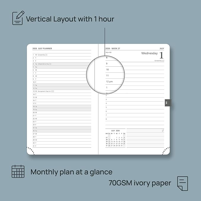 POPRUN 2026 Daily Planner One Page Per Day A6 Size Calendar (4.25" x 6.25") - 12 Months Hourly Appointment Book with Hardcover, Monthly Tabs, Pocket, Pen Holder - Midnight Green