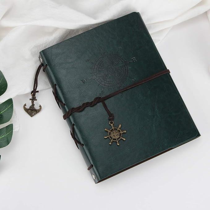 ThxMadam Green Scrapbook Leather Photo Album Vintage Wedding Guest Book Memory Book with 60 Black Pages Present for Valentines Anniversary Mother’s Day Birthday Gift for Teacher Student Kids Friend