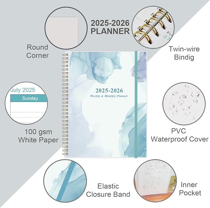 2026 Planner - Planner 2026 from January 2026 to December 2026 with 12 Monthly Tabs, Flexible Cover, Inner Pocket, 8.5" x 11", Blue Watercolor