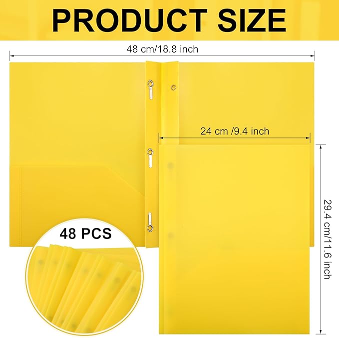 Patelai 48 Pcs Plastic Folders with 2 Pockets and 3 Prongs Home Folders with Card Slot Letter Size Heavy Duty Report Covers for Back to School(Yellow,Classic)