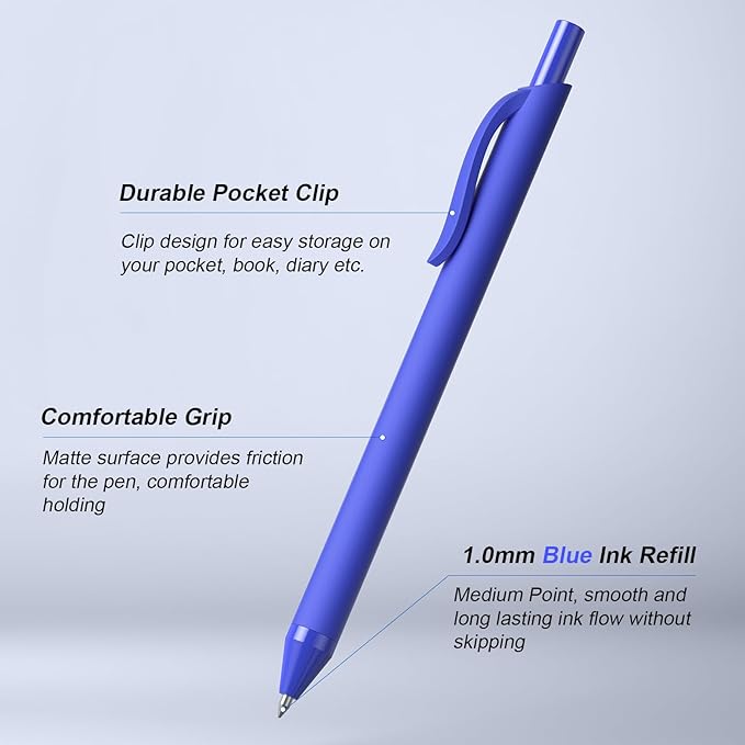 50 Pack Blue Ink Pens - Bulk Pens, 1.0MM Medium Point Ballpoint Pens, Smooth Writing No Bleed Retractable Ball Point Pen (Blue)