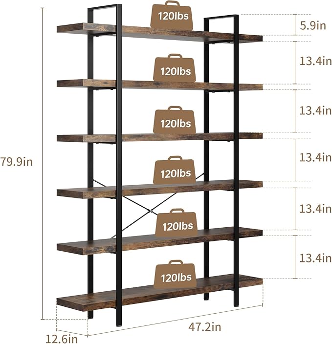 6 Tier Bookcase, 47 Inch Wide Wood Bookshelf, 120lbs Shelf Capacity, Rustic Open Shelving Industrial Display with Reinforced Horizontal Brown Shelves for Living Room Bedroom Office