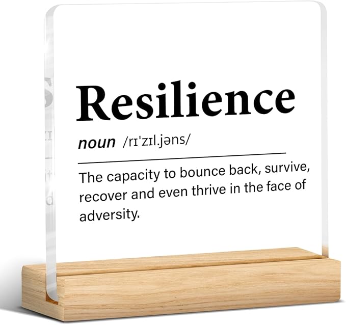 Inspirational Gifts for Women Men, Motivational Encouragement Gifts Resilience Definition Clear Acrylic Desk Decor Decorative Sign for Home Office, 4 x 4 Inches