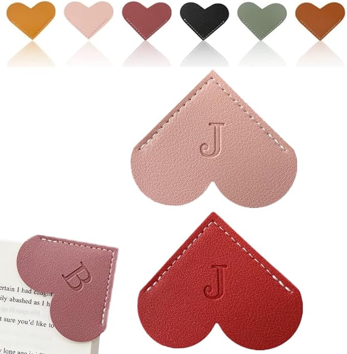 Personalized Leather Heart Bookmark, 26 Letters Customized Corner Book Mark for Reading Women, Book Marker with Initials，Cute Gifts (Red+Light Pink, J)