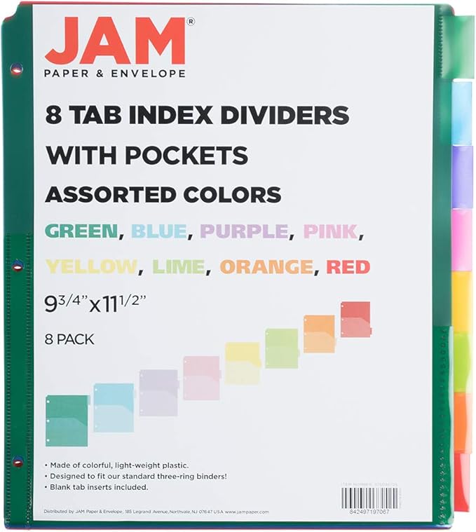 JAM PAPER Plastic Index 8-Tab Dividers w/Double Pockets - 9 3/4 x 11 1/2 - Assorted Multi-Color - 8 Tabbed Dividers/Pack