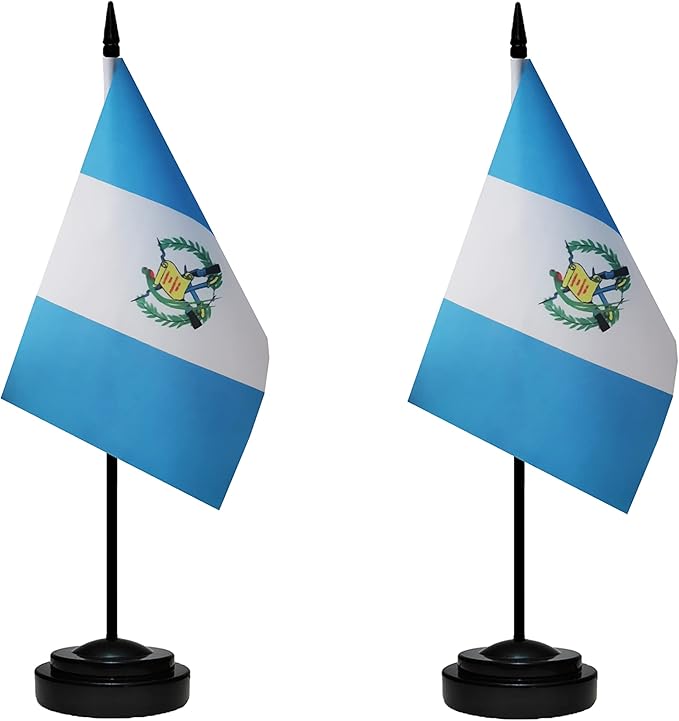 Guatemala Guatemalan Deluxe Desk Flag Set Small Mini Miniature Guatemala Guatemalan Table Desktop Flags With Solid Pole, Black Base and Spear Top(2 Pack)