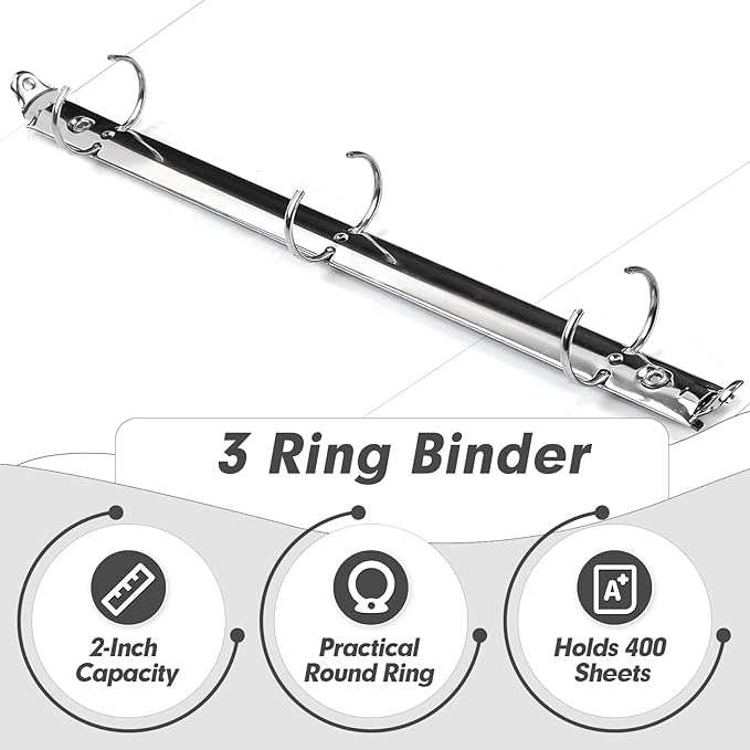 3 Ring Binder 2 Inch, PANDRI 6 Pack 2-Inch Binder Fits Letter Size 8.5'' x 11'' Paper, Versatile Binders for Office Home School, 2 Pockets, White