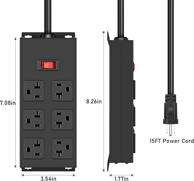 JUNNUJ Heavy Duty 20 Amp Power Strip, Garage 6 Outlets Metal 12 Gauge Surge Protector 3000J, High Amp 5-15P Adapter Shop 6-20R T-Slot Industrial (6AC, 15FT)