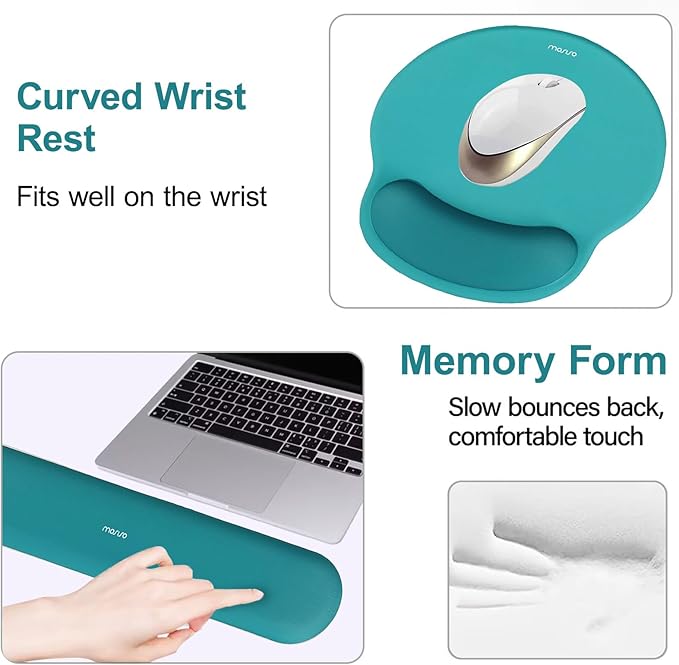 MOSISO Wrist Rest Support for Mouse Pad&Keyboard Set, Circle Curved Ergonomic Mousepad&Coaster Non-Slip Base Home/Office Pain Relief&Easy Typing Pad with Soft Cloth&Silicone Lining, Teal Green