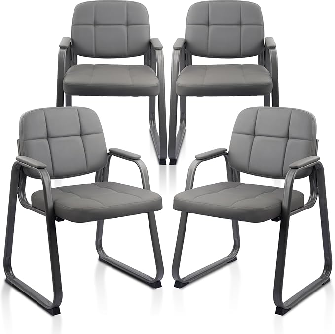 CLATINA Waiting Room Guest Chair with Bonded Leather Padded Arm Rest for Office Reception and Conference Desk Black with Sled Base Grey 4 Pack