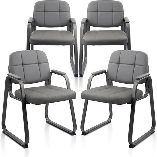 CLATINA Waiting Room Guest Chair with Bonded Leather Padded Arm Rest for Office Reception and Conference Desk Black with Sled Base Grey 4 Pack