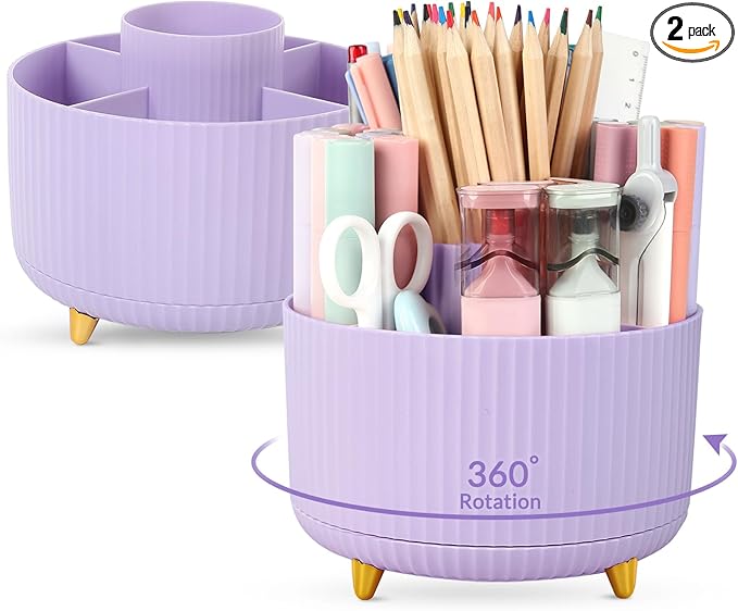 SKYDUE 2 Pack Pen Holder, 360 Degree Rotating Pencil Holder for Desk Organizer, Rotating Desktop Pen Organizer with 5 Slots, Office Supplies, Pencil Cup for Office, School, Home