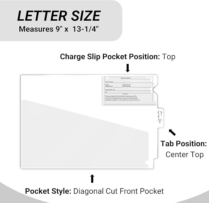 Doctor Stuff - Center Tab Vinyl Outguides, Diagonal Cut Front Pocket, Top Charge Out Slip Pocket, Plastic File Folder, Letter Size 9" x 13-1/4", White, 50/Box