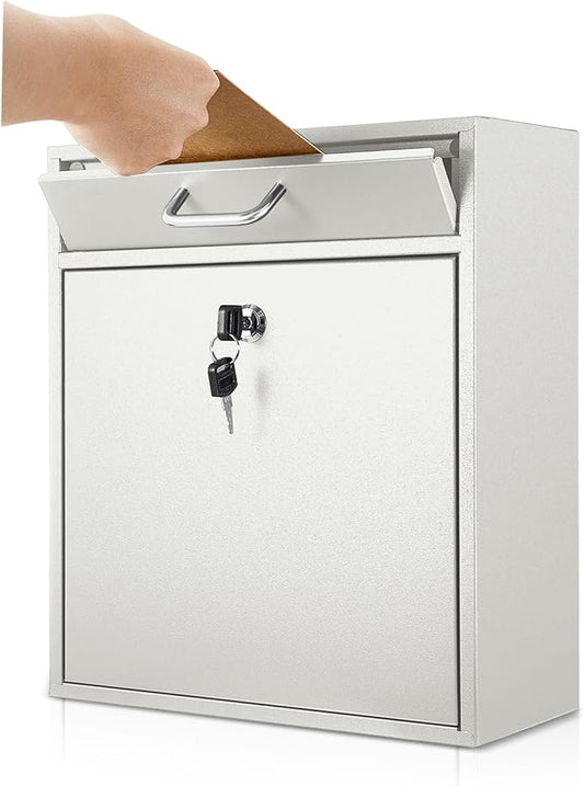 Locking Mailbox with Key for Outdoor 12 x 10.5 x 4.7 Inches Large Wall Mount Mail Box with Lock Security Mail Drop Metal Collection Boxes Hanging Secure Postbox(Creamy White)