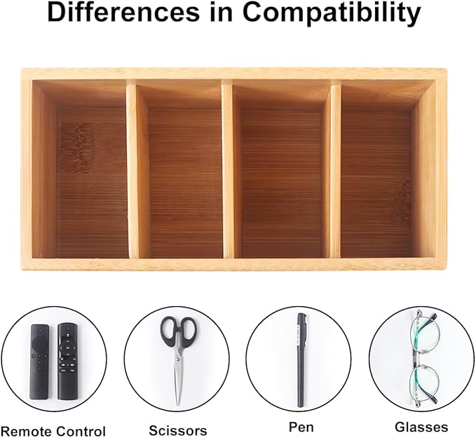 Bamboo Wood Pens Pencils Holder Cup for Desk Remote Control Holder, Caddy,Organizer,Desktop Storage with 4 Compartments,Multiuse for Store TV Remotes,Game Console,Phones,Office Supplies (4 Grid)