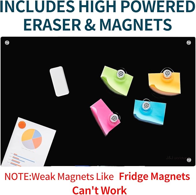 Magnetic Whiteboard, Black Dry Erase Board 4' x 3', Tempered Glass White Board Frameless, Home School Supplies or Home Office Decor with Magnets, Markers, Eraser, Marker Tray