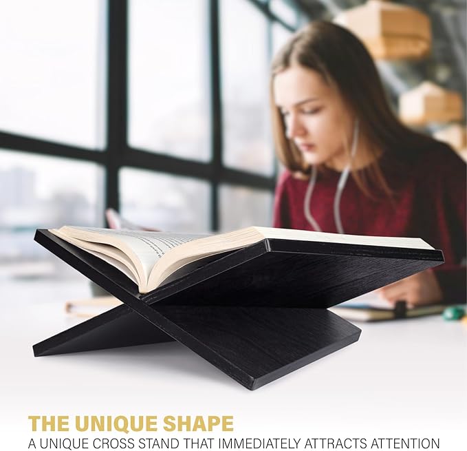 Solid Wood Book Stand for Reading and Display, Foldable Book Holder for Cookbooks, Art Books, Bibles, Magazines – Open Book Stand for Kitchen, The Front Stopper Helps Prevent Books from Sliding.