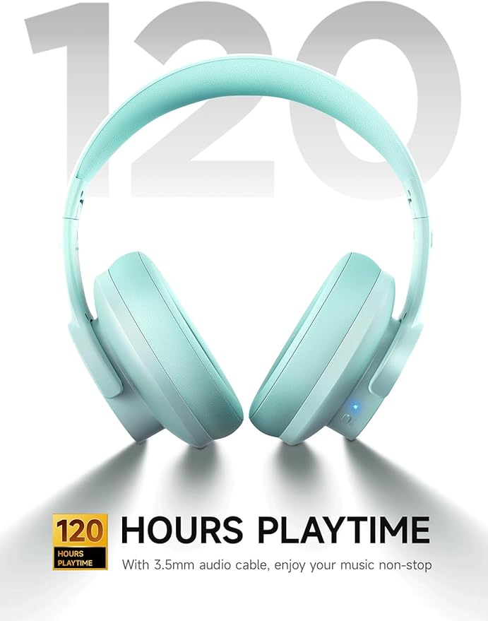 Picun B8 Bluetooth Over Ear Headphones, 120H Playtime with 3 EQ Modes, Low Latency, Hands-Free Calls, Deep Bass for Travel, Home, Office & PC (Cyan)