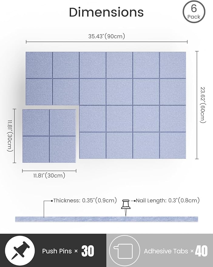 Bumusty Large Cork Board Alternative-36 x24 Felt Bulletin Board Tiles, with 30 Pushpins, 40 Adhesive Tabs, 6-Pack Slat Wall Paneling, Cork Boards for Office Push Pin Board Felt Board-Soft Periwinkle