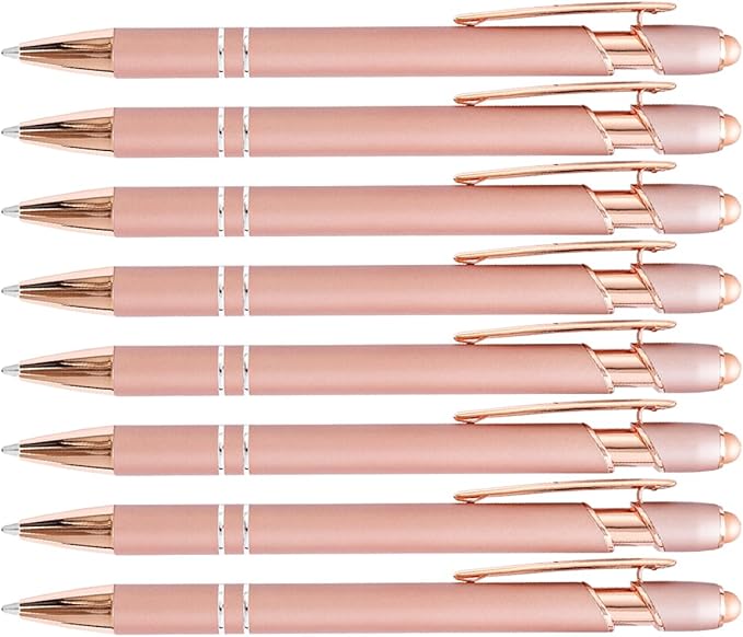 PASISIBICK 8 Pack Rose Gold Ballpoint Pen 2-in-1 Stylus Retractable Metal Stylus Pen for Touch Screens with Stylus tip, 1.0 mm Black Ink（8 PCS Rose Gold）