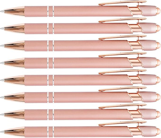 PASISIBICK 8 Pack Rose Gold Ballpoint Pen 2-in-1 Stylus Retractable Metal Stylus Pen for Touch Screens with Stylus tip, 1.0 mm Black Ink（8 PCS Rose Gold）